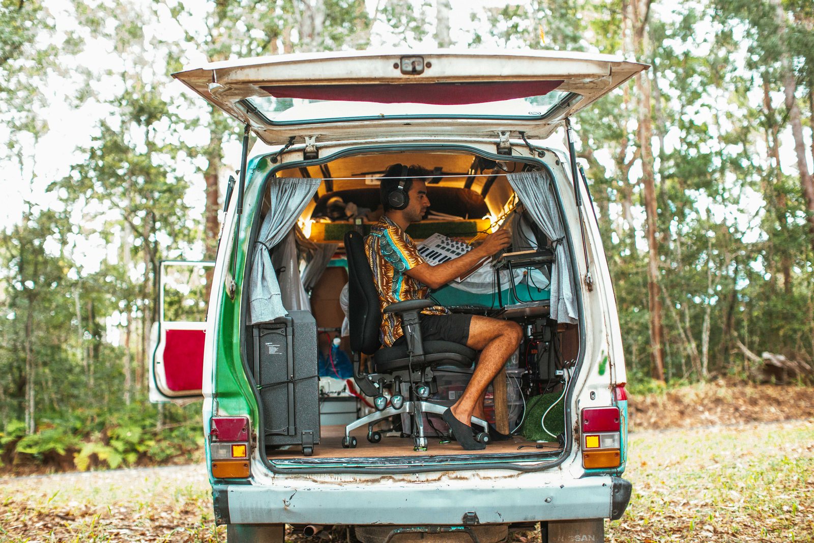 Making music inside the van, a mobile studio